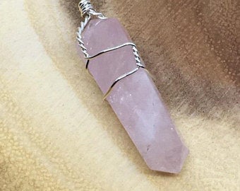 Rose Quartz Crystal Gemstone Pendant Point Wire Wrapped Necklace