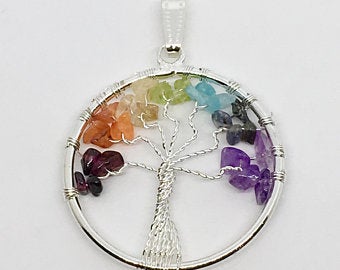 Chakra Tree of Life Wire Wrapped Pendant Crystal Gemstone Jewelry