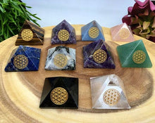 Load image into Gallery viewer, Crystal Pyramid Flower of Life Tigers Eye Rose Quartz Sodalite Amethyst Moonstone Tourmaline Aventurine Angelite Lepidolite Gemstone Chakra
