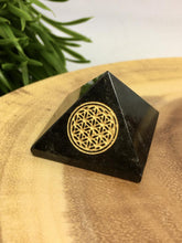 Load image into Gallery viewer, Crystal Pyramid Flower of Life Tigers Eye Rose Quartz Sodalite Amethyst Moonstone Tourmaline Aventurine Angelite Lepidolite Gemstone Chakra
