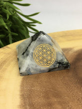 Load image into Gallery viewer, Crystal Pyramid Flower of Life Tigers Eye Rose Quartz Sodalite Amethyst Moonstone Tourmaline Aventurine Angelite Lepidolite Gemstone Chakra
