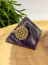 Load image into Gallery viewer, Crystal Pyramid Flower of Life Tigers Eye Rose Quartz Sodalite Amethyst Moonstone Tourmaline Aventurine Angelite Lepidolite Gemstone Chakra
